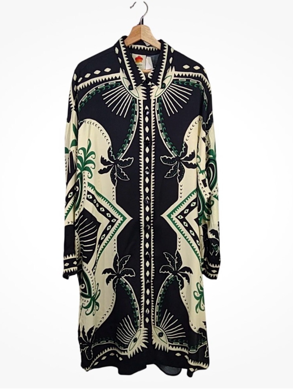 Farm Rio Black & Cream Palm Print Long Button Cardigan XL